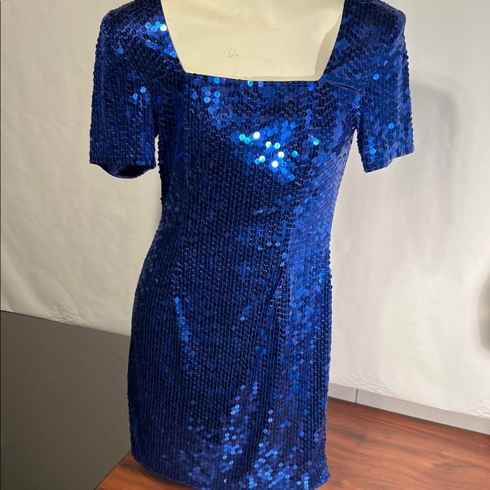 Sapphire,DELLA ROUFOGALI blue sequin 1 piece party dress, size 8, designer, GUC